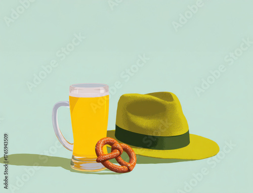 A vibrant digital illustration of a beer mug, pretzel, and traditional alpine hat on a light green background. Perfect for Oktoberfest themes.