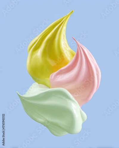Abstract digital illustration of swirling pastel cream textures in yellow, pink, and mint green, creating a fluid, clean design on a soft blue background. Ideal for beauty, food, or minimal branding.