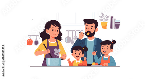 Family cooking together in the kitchen with mother stirring pot and father tasting food with their children
