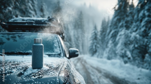 Insulated water bottle resting on snowy car hood, surrounded by winter landscape, with steam rising, showcasing outdoor adventure and cold weather essentials for travelers