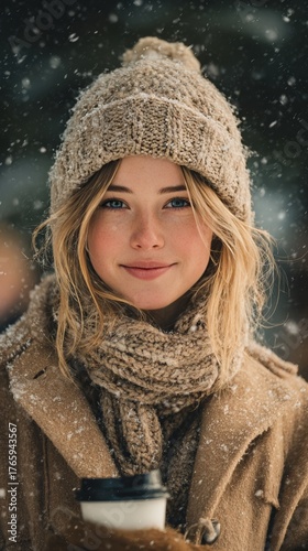 Young woman with blonde hair wearing a knitted hat and scarf, holding a coffee cup, surrounded by falling snowflakes in a winter wonderland atmosphere