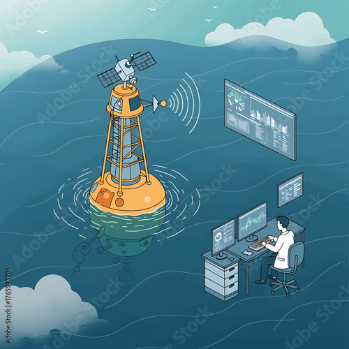 Illustration of a person monitoring a tsunami warning system with satellite communication in a dark blue ocean with waves and clouds.