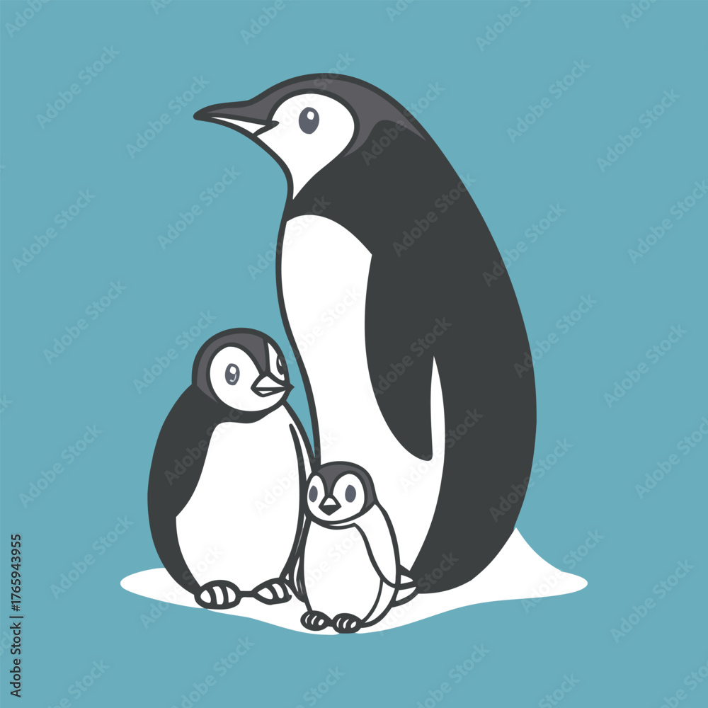 Naklejka premium Cute black and white cartoon penguin bird on a snowy winter ice background, a wildlife animal illustration showing nature in Antarctica