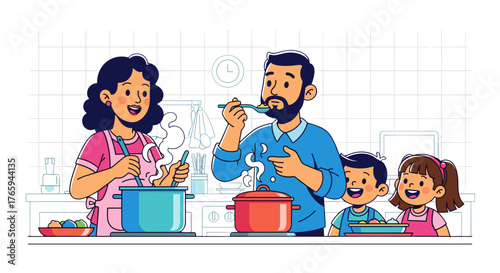 Family cooking together in the kitchen with mother stirring pot and father tasting the food with kids