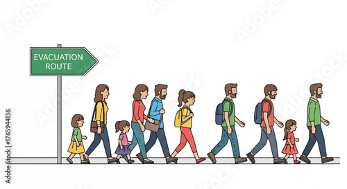 Illustration of a diverse group of people following an evacuation route sign, walking in a line with a sense of urgency and disaster relief.