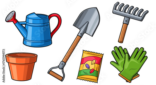 Illustration showing gardening tools including watering can shovel rake gloves pot and seed packet