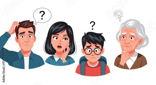 Cartoon illustration of four people with question marks above their heads expressing confusion and concern