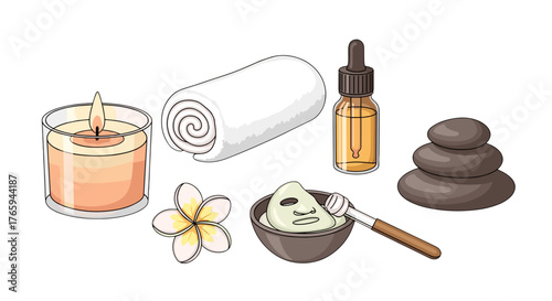Still life of spa and wellness items including candle towel essential oil and facial mask for relaxation