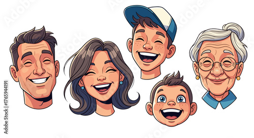 Cartoon illustration of a diverse family group smiling and laughing with joy and happiness together