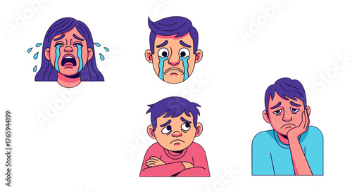 Illustration showing a collection of sad and crying cartoon characters with different expressions of grief