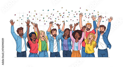Group of diverse people celebrating with arms raised and confetti falling in a joyful atmosphere scene