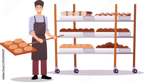 Smiling baker in uniform holds bread shovel with fresh loaves near rack full of various pastries.