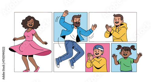 Cartoon illustration of five people in separate panels celebrating and expressing joy together online