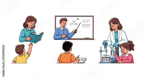 Illustration depicting teachers and students in various educational settings and learning activities
