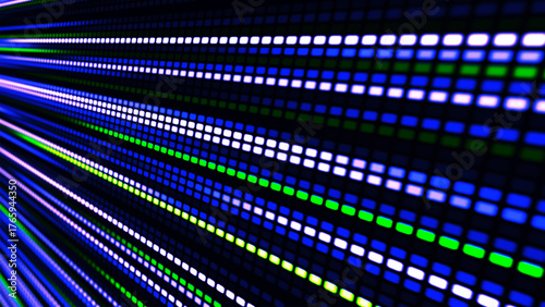 Digital flow. Light dynamics and pixel energy. The illustration shows a bright LED panel where bright multi-colored stripes create the effect of movement and energy. Vector illustration.