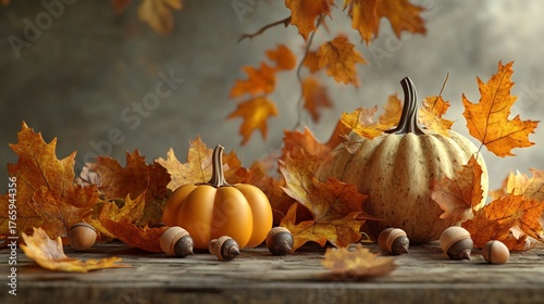 Serene Autumnal Still Life with Cascading Leaves Acorns and Mini Pumpkins