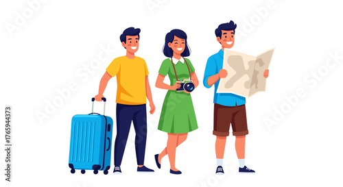 Three friends are going on vacation together with a suitcase map and camera ready for adventure ahead
