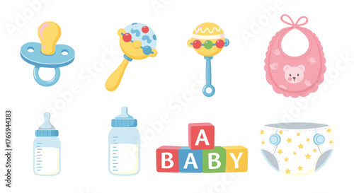 Illustration of baby essentials including pacifier rattles bottles blocks bib and diaper on white background