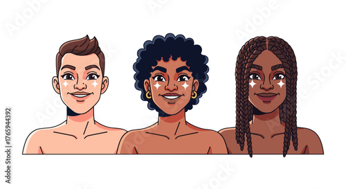 Three diverse women with star makeup and different hairstyles standing side by side smiling happily