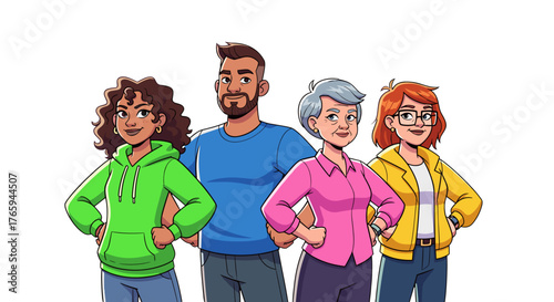 Illustration of a diverse group of four people standing together smiling and looking forward confidently