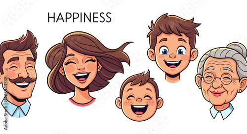 Cartoon illustration showing five smiling faces of a family from baby to grandparent expressing happiness
