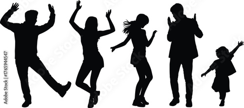 Silhouette people dancing, energetic group posing, family fun movement, child dancing silhouette, active lifestyle illustration, joyful celebration, diverse figures, dance party, black silhouettes,