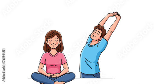 Woman in lotus position meditating and man stretching arms overhead in a relaxed pose indoors scene