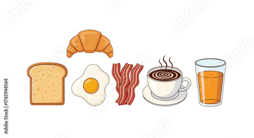 Illustration of a breakfast meal including croissant, toast, egg, bacon, coffee and orange juice