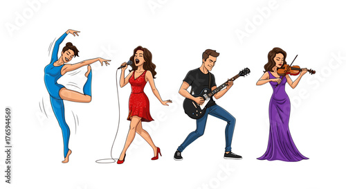 A group of four performers including a ballerina, singer, guitarist, and violinist are illustrated