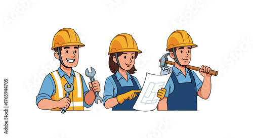 Cartoon illustration of three construction workers with tools and a blueprint on a white background
