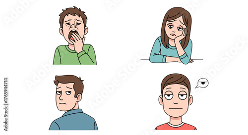 Illustration showing four different people expressing feelings of boredom and tiredness in various poses
