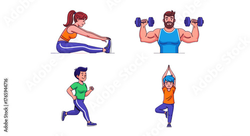 People exercising by stretching, lifting weights, running, and doing yoga in a colorful illustration