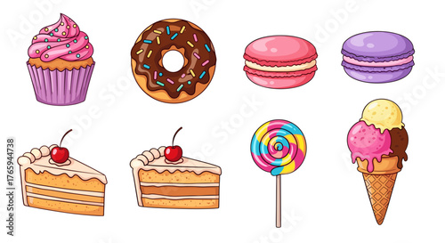 Illustration of various sweet treats including cupcake donut macarons cake lollipop and ice cream cone