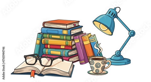 Illustration of a study setup with books glasses lamp and coffee creating a cozy reading scene at home
