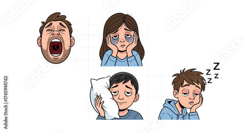 Cartoon depiction of sleepy people with tired expressions yawning and holding pillows on a white background