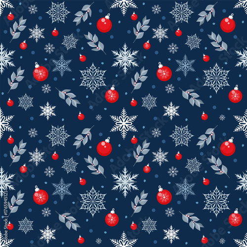 Seamless Christmas pattern with white and blue snowflakes, silver branches,  red balls.Vector illustration  on  dark blue background. Perfect for gift wrap, greeting cards, fabric, and festive decor.