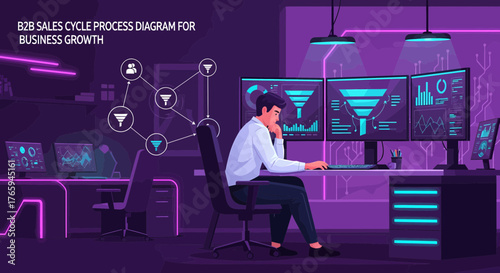 Business Person Analyzing Sales Data With Monitors And Diagrams