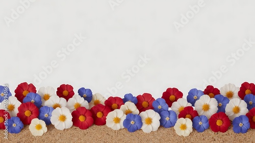 Fototapeta Naklejka Na Ścianę i Meble -  A colorful border of red, white, and blue flowers sits on a sandy surface against a light background