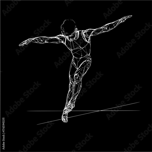 Abstract sketch of a gymnast balancing on a tightrope in white lines against a black background art