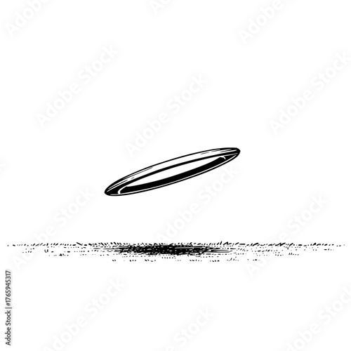 A surfboard floats above a textured line representing the ocean in a monochrome illustration style image