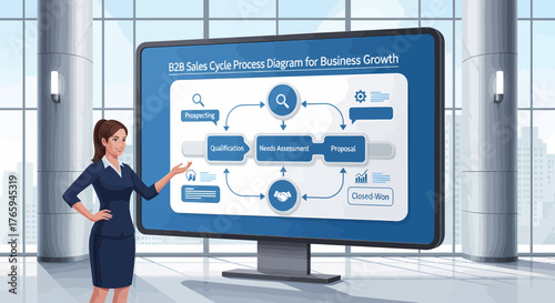 Businesswoman Presenting B2B Sales Process Diagram For Company Growth