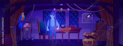 A ship's cabin interior with furniture, a parrot, a treasure chest, a ghost, and a one-eyed pirate.