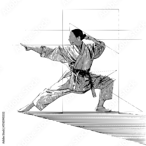 A black and white sketch of a person in a karate stance with geometric shapes in the background art