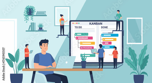Kanban Board Illustration With Diverse Team In A Modern Office