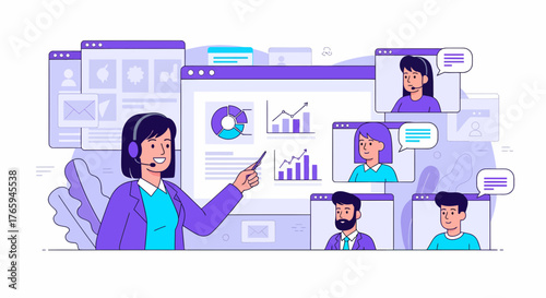 Online Meeting Presentation With Charts And Video Conference Participants