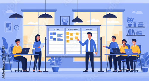Team Collaboration On Scrum Board In Modern Workspace Illustration