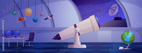 Space observatory rooftop interior with a telescope, stars in the sky, antenna, desk, and globe.