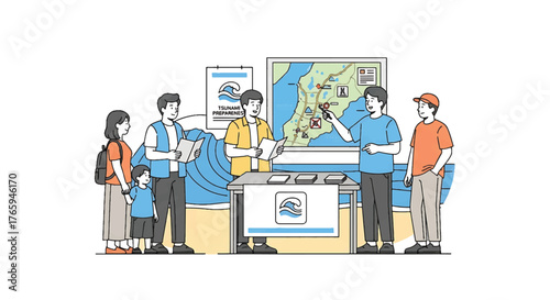 Illustration of people discussing and pointing at a map with a tsunami warning sign in a meeting setting with a disaster response theme.