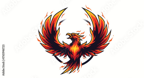 Dynamic fiery phoenix emblem soaring with vibrant wings ablaze, symbolizing rebirth and power for modern branding and esports