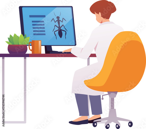 Entomologist exploring insects, examine and study bugs on the computer desk, vector cartoon character exploring insects
